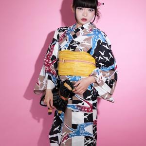 浴衣 レディース セット セパレート 簡単 ニコアンティーク 二部式 浴衣3点セット 原色グリッド千鳥・ブラック フリーサイズ ゆかた上下・帯・下駄 ●