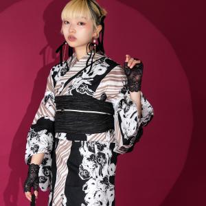 浴衣 レディース セット セパレート 簡単 二部式 ニコアンティーク 浴衣3点セット 毒うさぎロリータスパイラル・ブラック フリーサイズ ゆかた上下・帯・下駄 ●