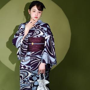 浴衣 レディース セット セパレート 簡単 二部式 ニコアンティーク 浴衣3点セット スペースエイジの再構築・パープル フリーサイズ ゆかた上下・帯・下駄 ●