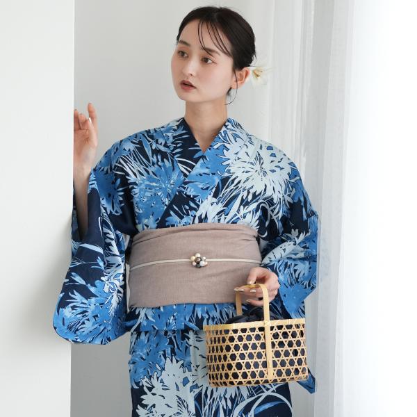 浴衣 レディース セット 浴衣+作り帯2点セット 紺地に重なる花 コットン100％ フリーサイズ 浴...