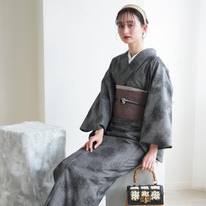 着物 レディース 洗える着物 単品 ニコアンティーク 播州織 デニム・フラワー 単衣 ひとえ レトロ ファブリック着物 グレー 花 カジュアル 日本製