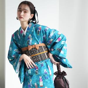 着物 単衣 レディース 洗える着物 ひとえ 単品 ニコアンティーク cat ファッションリーダー レトロ 青緑 ビリジャン 猫 ねこ ネコ カジュアル 女性 日本製