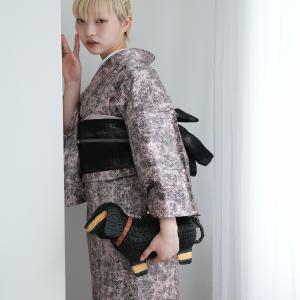 着物 単衣 レディース ニコアンティーク 単衣着物 単品 レザー調きもの ピンク×黒 レトロ レザー風 ピンク ひとえ カジュアル モード 女性 モダン 日本製