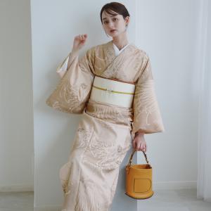 着物 袷 ポリ 単品 ニコアンティーク 糸菊浪漫 仕立て上がり 日本製 レトロ レディース ポリエステル 菊 きく 桔梗 百合 ユリ 花柄 ボーダー ベージュ