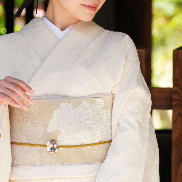 帯 小袋帯 正絹 半幅帯 utatane 博多織 長尺 リバーシブル 牡丹 ベージュ×ホワイト 日本...