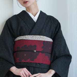 帯 小袋帯 正絹 半幅帯 utatane 博多織 長尺 リバーシブル 牡丹 レッド×ブラック 日本製 本場筑前博多織 博多帯 紋小巾袋帯 シルク 着物 帯単品 証紙付き