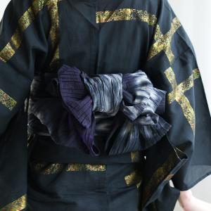 兵児帯 浴衣 誉田屋源兵衛 ラミーコットン絞り兵児帯 宵闇 帯の誉田屋謹製 レディース 女性 日本製 国産 夏 夏着物 天然素材 伝統工芸 麻 綿 黒 紫 帯単品