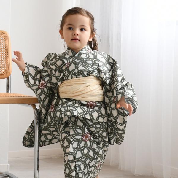 浴衣 子供 女の子 utatane kids 高級変わり織 子供浴衣3点セット グリーンの広がる菊 ...