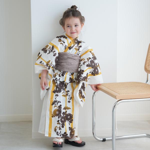 浴衣 子供 女の子 ニコアンティーク 子供浴衣3点セット からしのバンブーストライプと菊影絵 ゆかた...