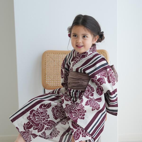浴衣 子供 女の子 ニコアンティーク kids 子供浴衣3点セット 大正浪漫えんじ縞と牡丹の染分け ...