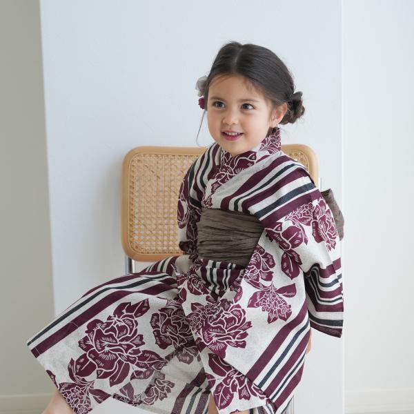 浴衣 子供 女の子 ニコアンティーク kids 子供浴衣3点セット 大正浪漫えんじ縞と牡丹の染分け ...
