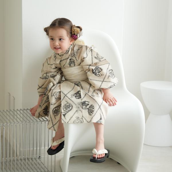 浴衣 子供 女の子 ニコアンティーク kids 高級変わり織 子供浴衣3点セット ダイヤベージュにブ...