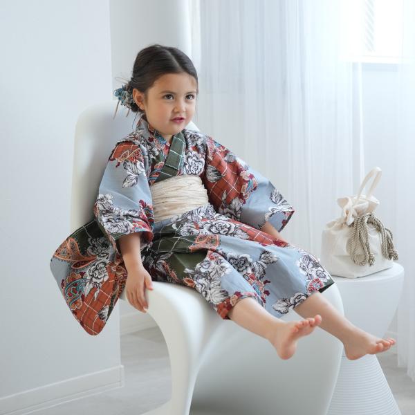 浴衣 子供 女の子 ニコアンティーク kids 高級変わり織 子供浴衣3点セット 60sモンドガレー...