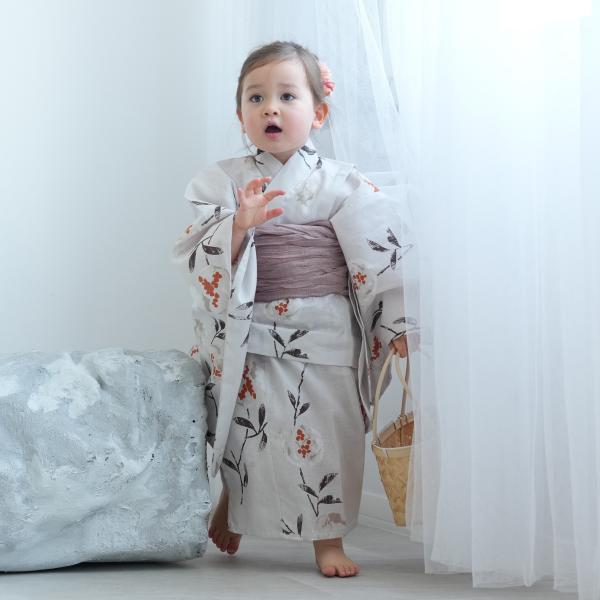浴衣 子供 女の子 ニコアンティーク kids 高級変わり織 子供浴衣3点セット 淡いグレーに柘榴（...