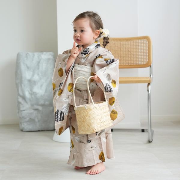 浴衣 子供 女の子 ニコアンティーク kids 高級変わり織 子供浴衣3点セット 縞々ベージュにから...