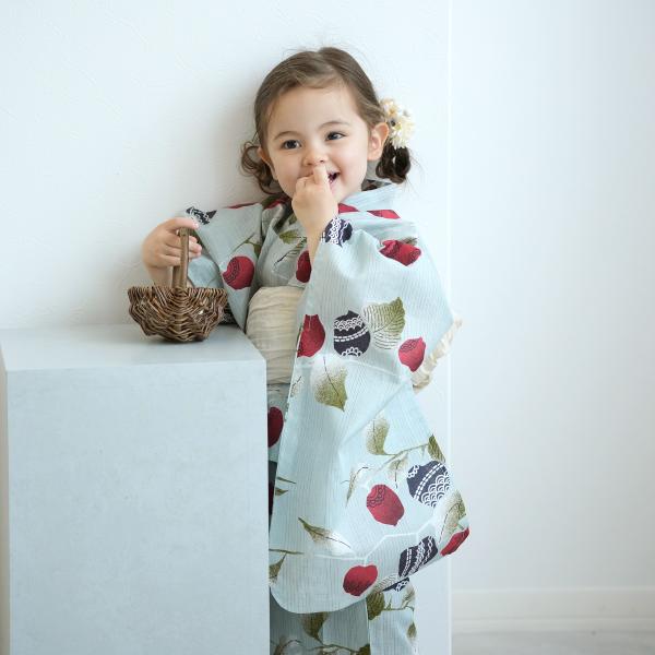 浴衣 子供 女の子 ニコアンティーク kids 高級変わり織 子供浴衣3点セット 縞々ブルーに赤のほ...