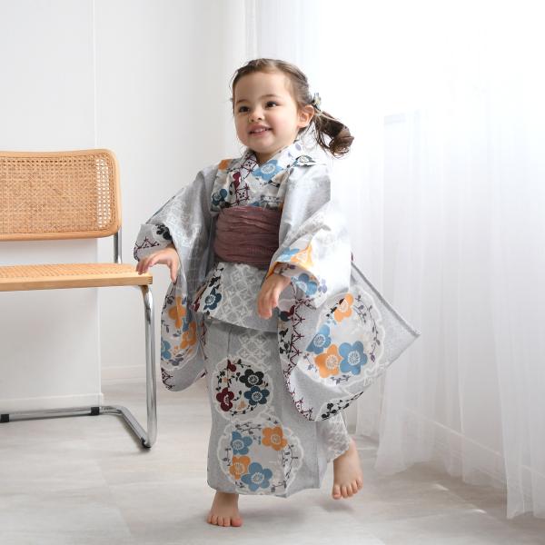 浴衣 子供 女の子 utatane kids 高級変わり織 子供浴衣3点セット 灰青の霧と梅雪輪 こ...
