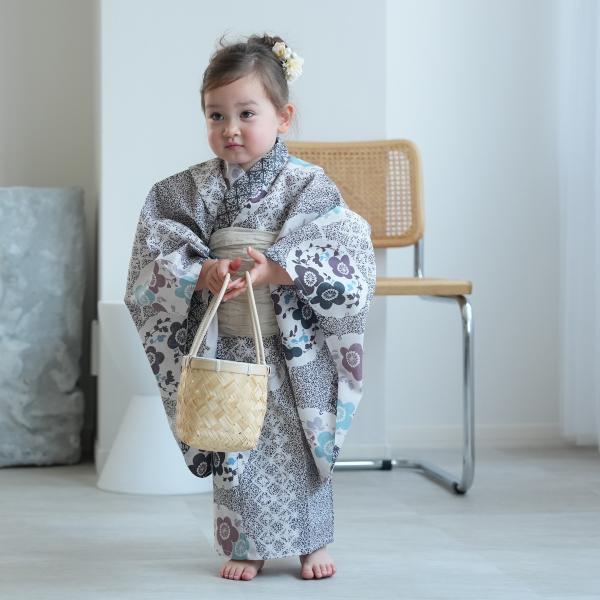 浴衣 子供 女の子 utatane kids 高級変わり織 子供浴衣3点セット 墨黒の霧と梅雪輪 こ...
