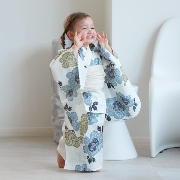浴衣 子供 女の子 utatane kids 高級変わり織 子供浴衣3点セット 水色と青磁色の牡丹 ...