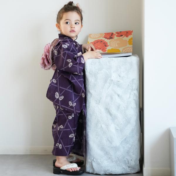 浴衣 子供 女の子 ニコアンティーク kids 高級変わり織 子供浴衣3点セット 紫にかごめ絞り柄の...