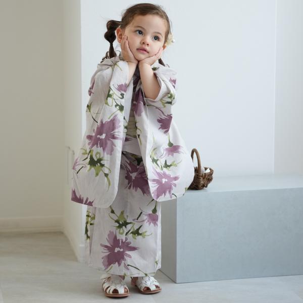 浴衣 子供 女の子 ニコアンティーク kids 高級変わり織 子供浴衣3点セット 淡いグレーにラベン...