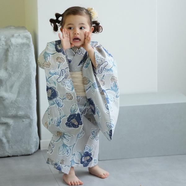 浴衣 子供 女の子 utatane kids 高級変わり織 子供浴衣3点セット 薄グレーに椿唐草 ゆ...
