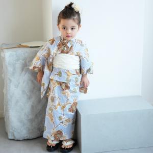 浴衣 子供 女の子 utatane kids 高級変わり織 子供浴衣3点セット ブルーグレーに椿唐草 ゆかた/帯/下駄 レトロ キッズ ●