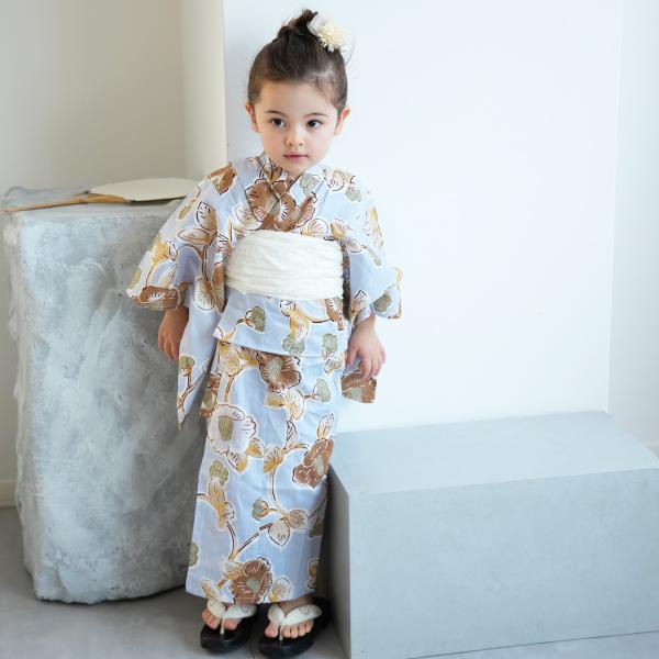 浴衣 子供 女の子 utatane kids 高級変わり織 子供浴衣3点セット ブルーグレーに椿唐草...