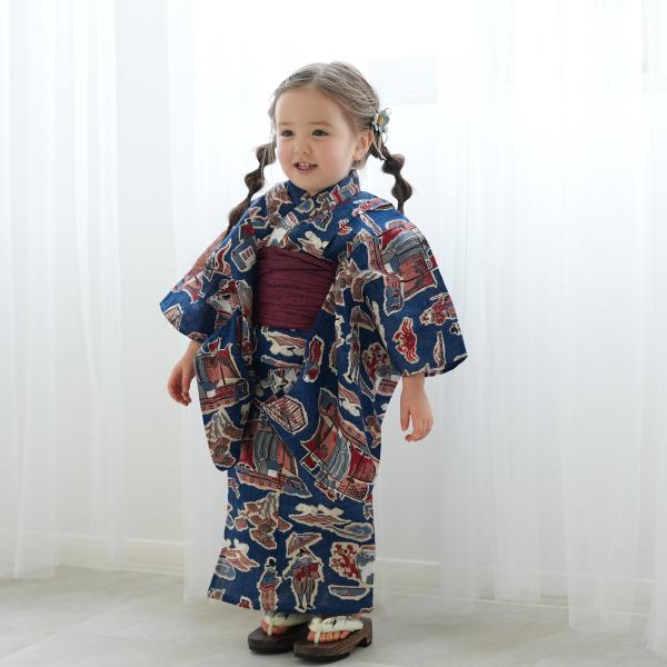 浴衣 子供 女の子 ニコアンティーク kids 高級変わり織 子供浴衣3点セット 南蛮渡来 ネイビー...