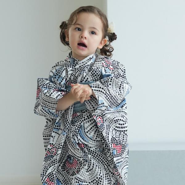 浴衣 子供 女の子 ニコアンティーク kids 高級変わり織 子供浴衣3点セット チューリップモザイ...