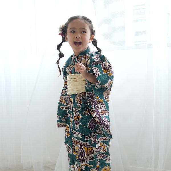 浴衣 子供 女の子 ニコアンティーク kids 高級変わり織 子供浴衣3点セット 南蛮渡来 ピーコッ...