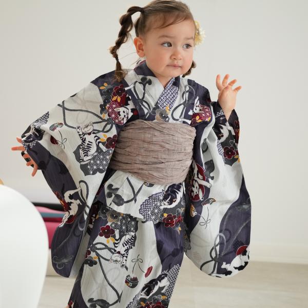 浴衣 子供 女の子 ニコアンティーク kids 高級変わり織 子供浴衣3点セット 染め分け灰紫に大正...