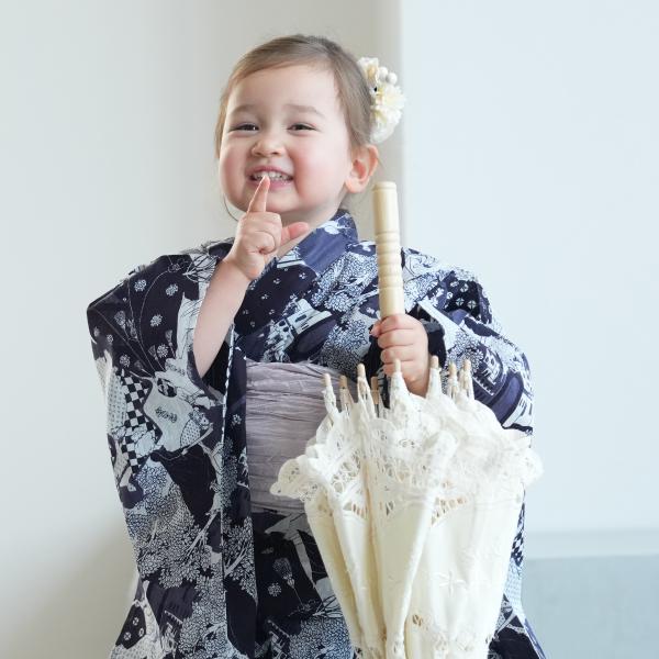 浴衣 子供 女の子 ニコアンティーク kids 高級変わり織 子供浴衣3点セット 幻想戯曲 ネイビー...