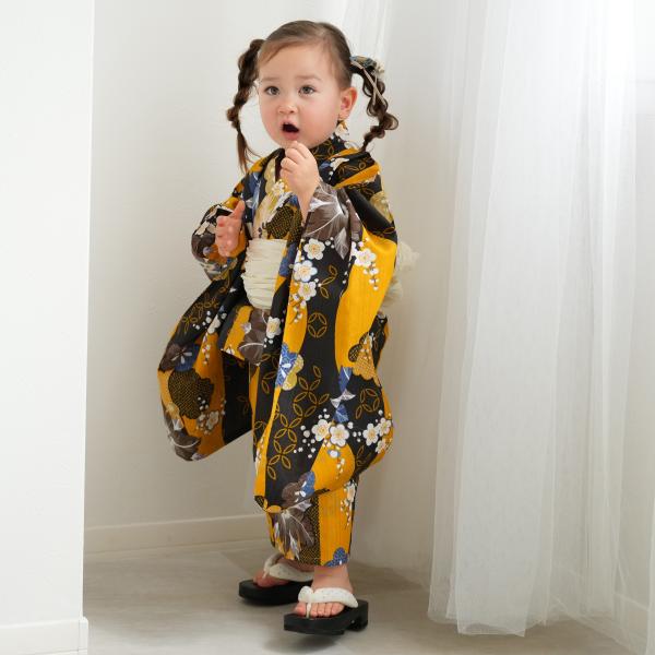 浴衣 子供 女の子 ニコアンティーク kids 高級変わり織 子供浴衣3点セット 黄色と墨色の立沸と...