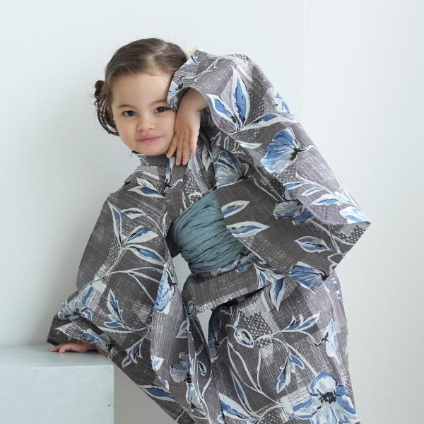 浴衣 子供 女の子 ニコアンティーク kids 高級変わり織 子供浴衣3点セット かすれアネモネ グ...