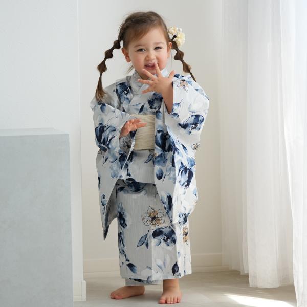 浴衣 子供 女の子 ニコアンティーク kids 高級変わり織 子供浴衣3点セット フロスティブルーと...