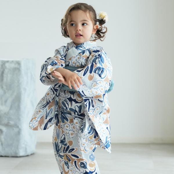 浴衣 子供 女の子 ニコアンティーク kids 高級変わり織 子供浴衣3点セット フロスティブルーの...