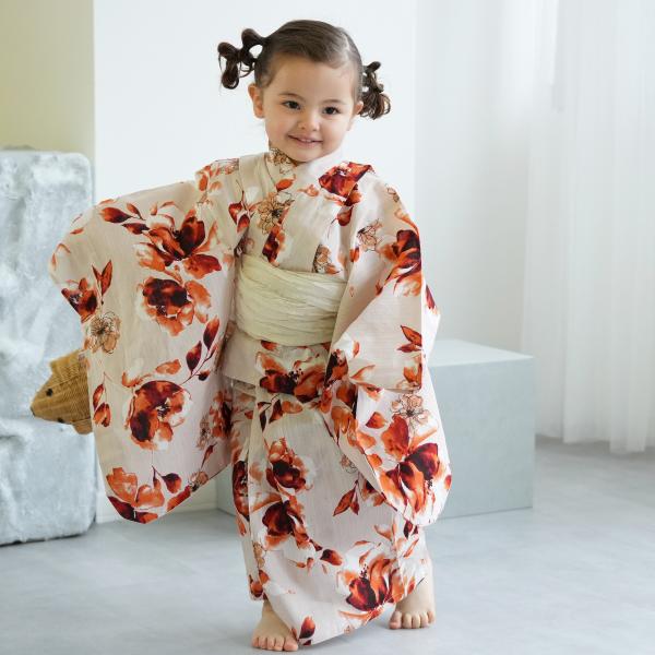 浴衣 子供 女の子 ニコアンティーク kids 高級変わり織 子供浴衣3点セット マンダリンガーネッ...