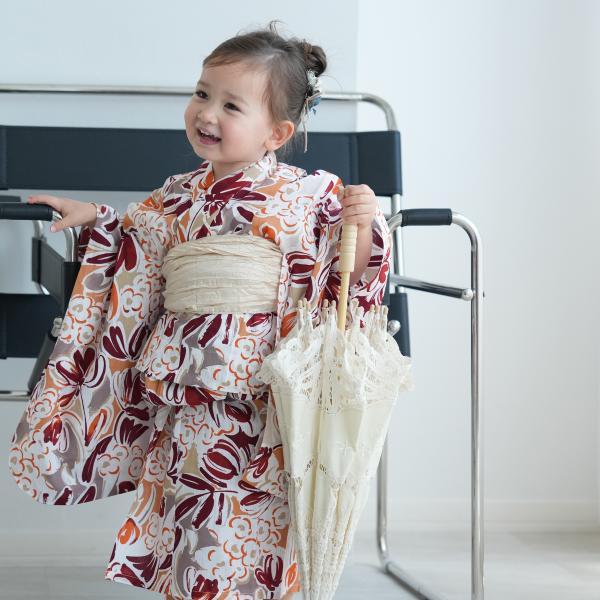 浴衣 子供 女の子 ニコアンティーク kids 高級変わり織 子供浴衣3点セット アプリコットオレン...