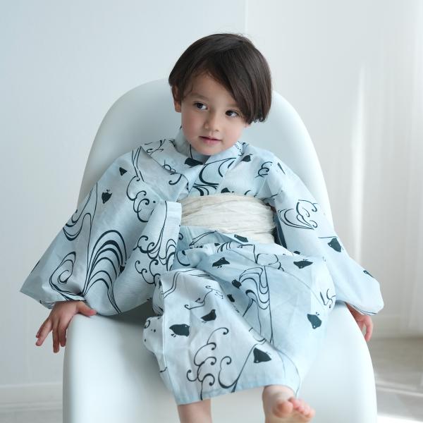 浴衣 子供 男の子 utatane kids 高級変わり織 子供浴衣3点セット 淡い水色ぼかしに碧色...