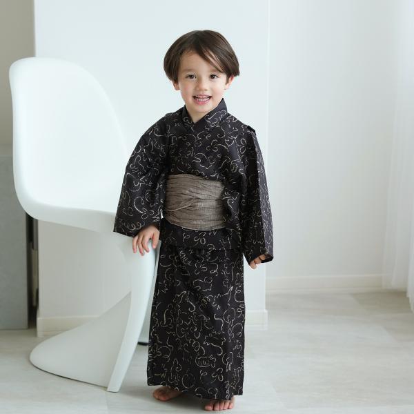 浴衣 子供 男の子 ニコアンティーク kids 高級変わり織 子供浴衣3点セット 墨黒に干支 こども...