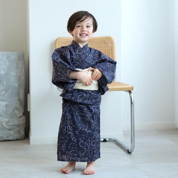 浴衣 子供 男の子 ニコアンティーク kids 高級変わり織 子供浴衣3点セット 紺地に干支 こども...