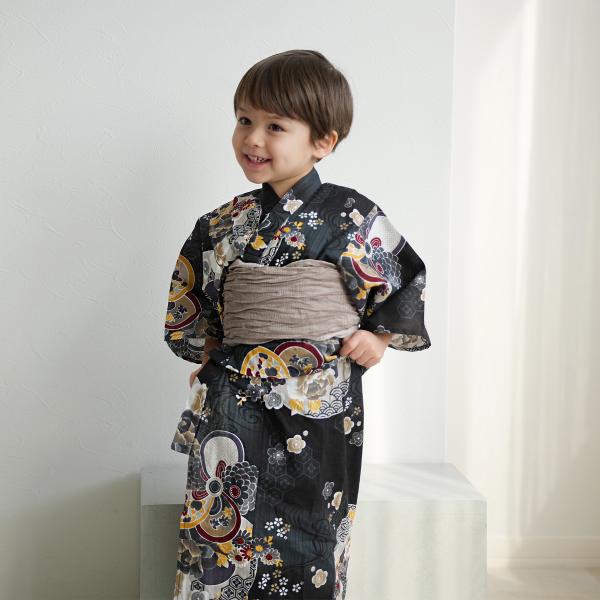 浴衣 子供 男の子 ニコアンティーク kids 高級変わり織 子供浴衣3点セット 大正浪漫ブラックに...