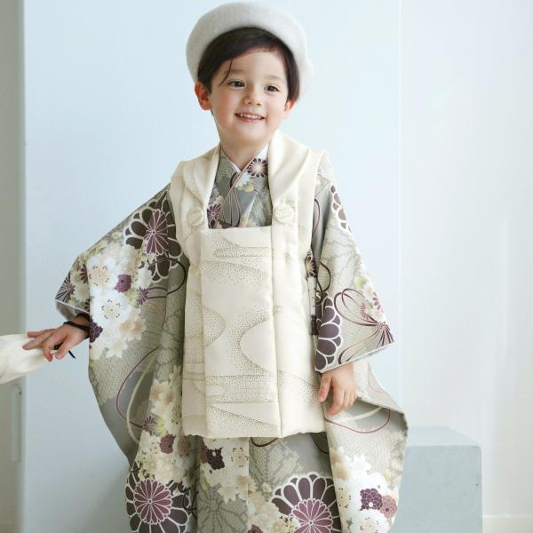 七五三 着物 3歳 男の子 被布 ひよこ商店 kids ベレー帽 被布フルセット クリーム金彩×翡翠...