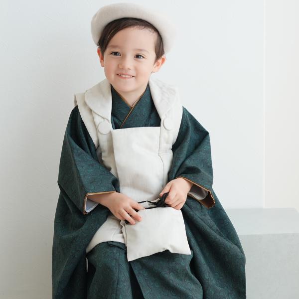 七五三 着物 3歳 男の子 被布 ひよこ商店 kids ベレー帽 被布フルセット 象牙色ジャガード×...