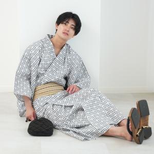 浴衣 メンズ セット 高級変わり織 浴衣3点セット 白にグレーの六弥太格子 男 紳士 男性 選べるM/Lサイズ 日本製綿角帯 浴衣セット（ゆかた・帯・下駄） ●
