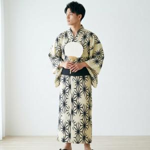浴衣 メンズ セット 高級変わり織 浴衣3点セット アイボリーに黒の麻の葉 男 紳士 男性 M L 日本製角帯 浴衣セット ゆかた・帯・下駄 古典 レトロ ●