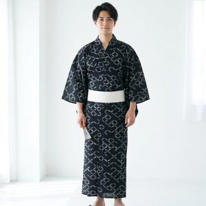 浴衣 メンズ セット 高級変わり織 浴衣3点セット 黒地にレトロ七宝 男 紳士 男性 M L 日本製角帯 浴衣セット（ゆかた・帯・下駄）古典柄 レトロ ●