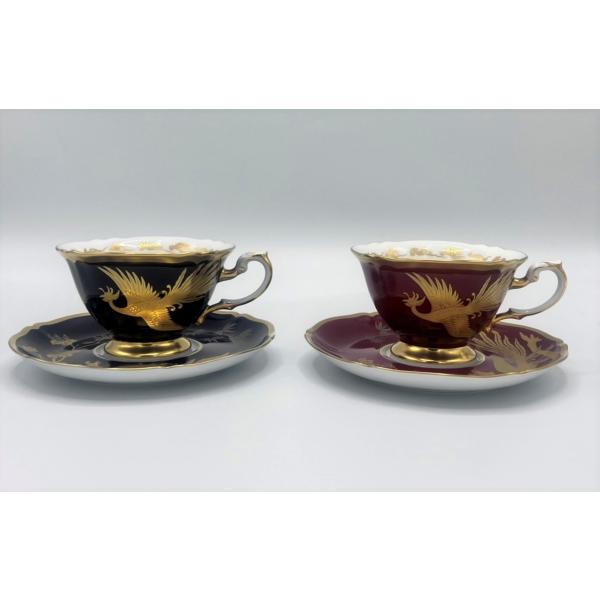 大倉陶園　金蝕鳳凰図瑠璃マロン碗皿　ペア碗皿　コーヒー碗皿　