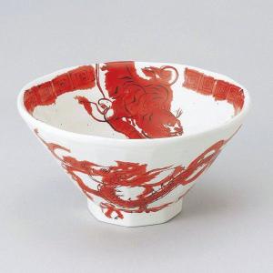 業務用ラーメンどんぶり 赤巻（朱巻）三ツ竜6．3切立丼・19.5cm : 器